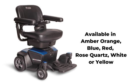 Pride Go Powerchair. Text available in amber orange, blue, red, rose quartz, white or yellow.