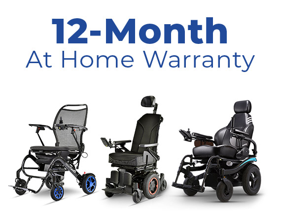 Three different styles of power wheelchairs accompanied by a 12-Month At Home Warranty for aftercare support service.