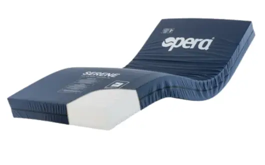 A blue medical mattress with the word Spera printed on it, shown in a partially raised position to display its flexibility and internal layers, offering comfort and support comparable to the Opera Serene Profiling Mattress.