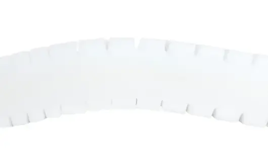 A curved, white, segmented plastic strip with evenly spaced rectangular notches along one edge, reminiscent of the precision and support found in the Opera Serene Profiling Mattress, set against a plain white background.