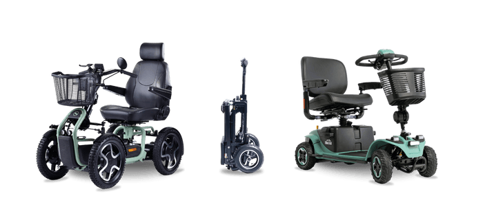 Three electric mobility scooters are shown: one rugged with a basket, one compactly folded, and one standard model with a basket, all on a white background—ideal alternatives for those considering used powerchairs.