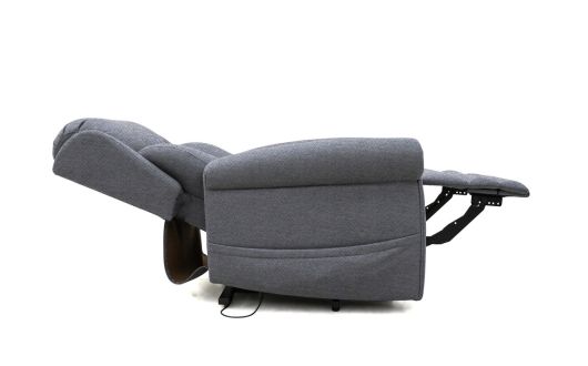 Side view of a grey upholstered Dallux Nevis recliner chair fully reclined, showing the extended footrest and tilted backrest.